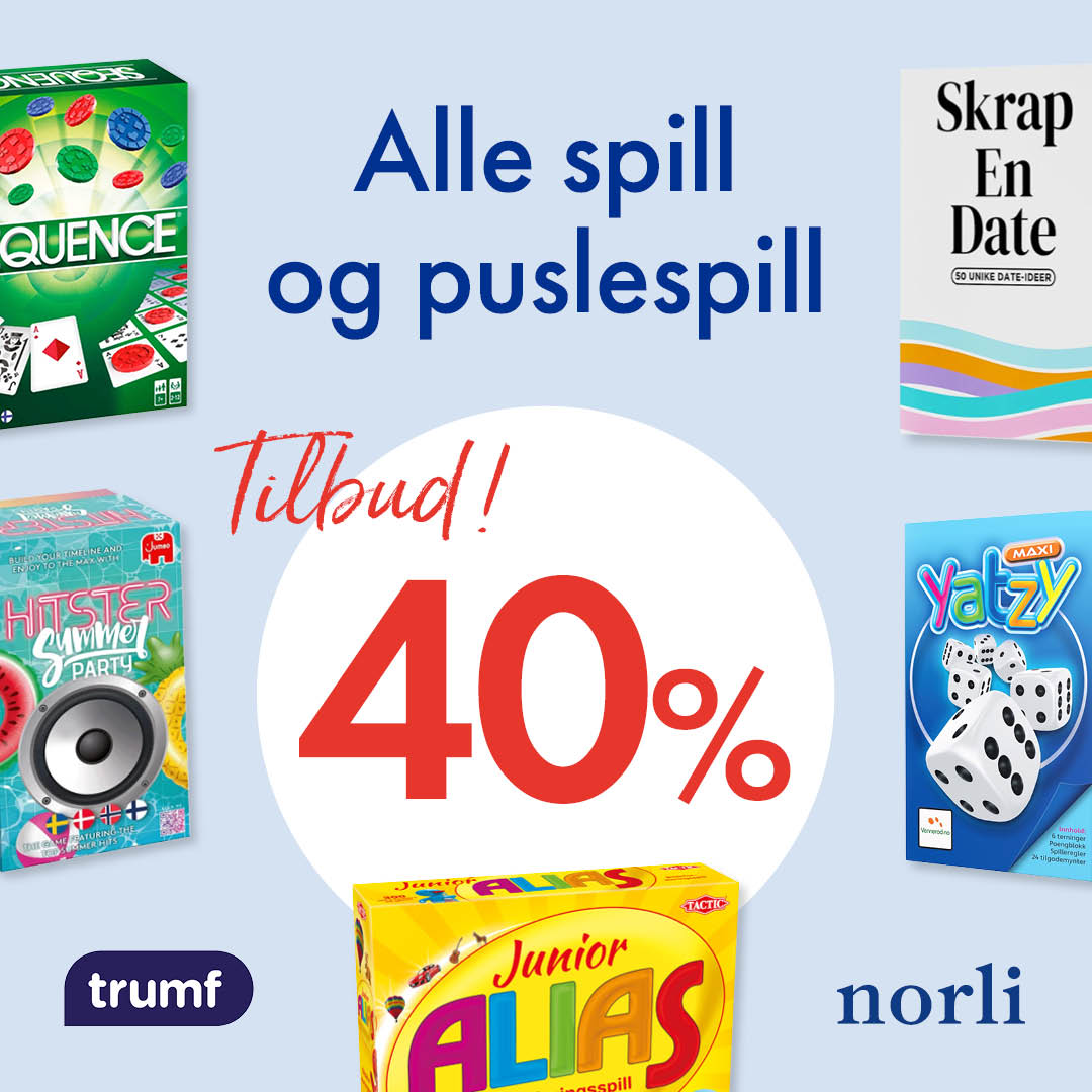 40% på spill og puslespill Norli